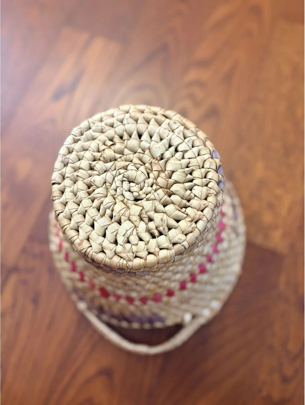 Vintage Handmade Coiled Basket With Handles Light Blue & Pink 14